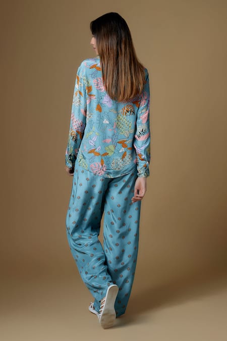 Shop Vana Ethnics Blue Viscose Sequins Collared Butta Print Pant Set at Aza Fashions Shop_Vana Ethnics_Blue Viscose Sequins Collared Butta Print Pant Set _at_Aza_Fashions