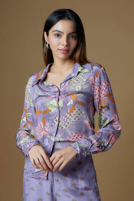 Buy Vana Ethnics Purple Viscose Sequins, Embroidery Collared Printed Shirt With Pant Online at Aza Fashions Buy_Vana Ethnics_Purple Viscose Sequins, Embroidery Collared Printed Shirt With Pant _Online_at_Aza_Fashions