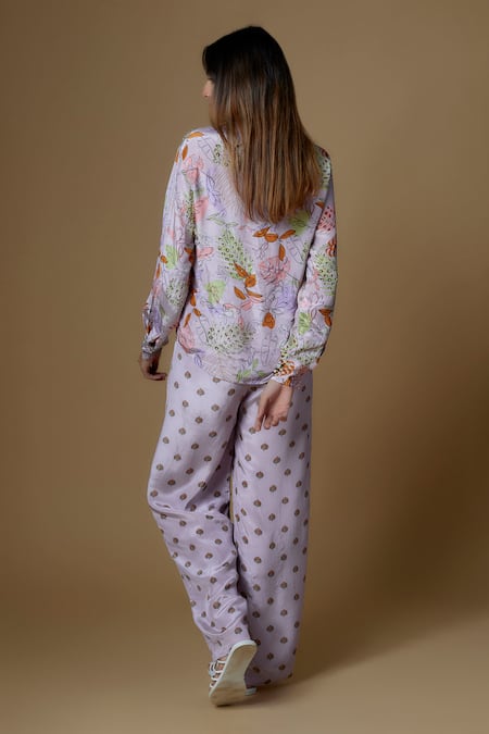 Shop Vana Ethnics Pink Viscose Sequins Collared Printed Shirt And Pant Set at Aza Fashions Shop_Vana Ethnics_Pink Viscose Sequins Collared Printed Shirt And Pant Set _at_Aza_Fashions