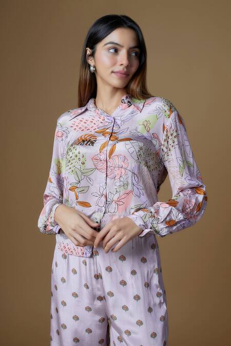 Buy Vana Ethnics Pink Viscose Sequins Collared Printed Shirt And Pant Set Online at Aza Fashions Buy_Vana Ethnics_Pink Viscose Sequins Collared Printed Shirt And Pant Set _Online_at_Aza_Fashions