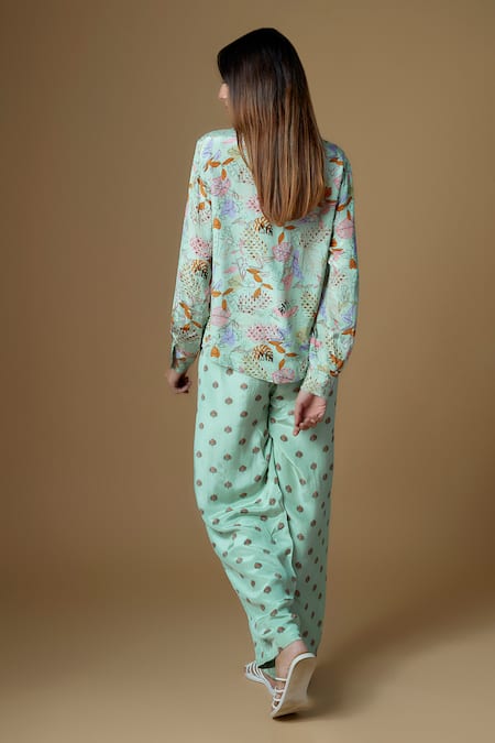 Shop Vana Ethnics Green Viscose Sequins Collared Embroidered Waist Pant Set at Aza Fashions Shop_Vana Ethnics_Green Viscose Sequins Collared Embroidered Waist Pant Set _at_Aza_Fashions