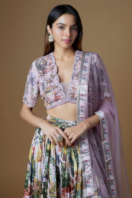 Buy_Vana Ethnics_Purple Viscose, Chiffon Beads, Cut Work, Floral Print Lehenga Blouse Set _Online_at_Aza_Fashions