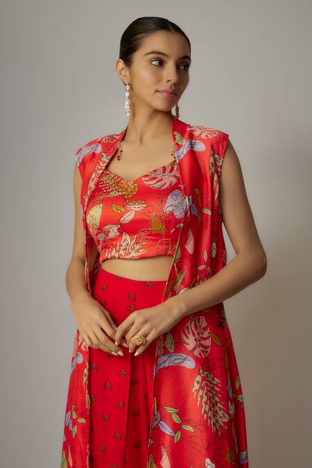 Buy Vana Ethnics Red Viscose Sequins V-neck Tropical Print Pant Set With Cape Online at Aza Fashions Buy_Vana Ethnics_Red Viscose Sequins V-neck Tropical Print Pant Set With Cape _Online_at_Aza_Fashions