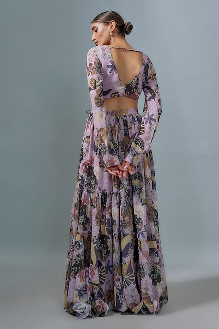 Shop_Vana Ethnics_Purple Georgette Sequins, Embroidery V-neck Floral Print Lehenga Set _at_Aza_Fashions