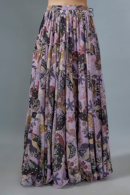 Vana Ethnics_Purple Georgette Sequins, Embroidery V-neck Floral Print Lehenga Set _Online_at_Aza_Fashions
