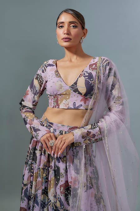 Buy_Vana Ethnics_Purple Georgette Sequins, Embroidery V-neck Floral Print Lehenga Set _Online_at_Aza_Fashions