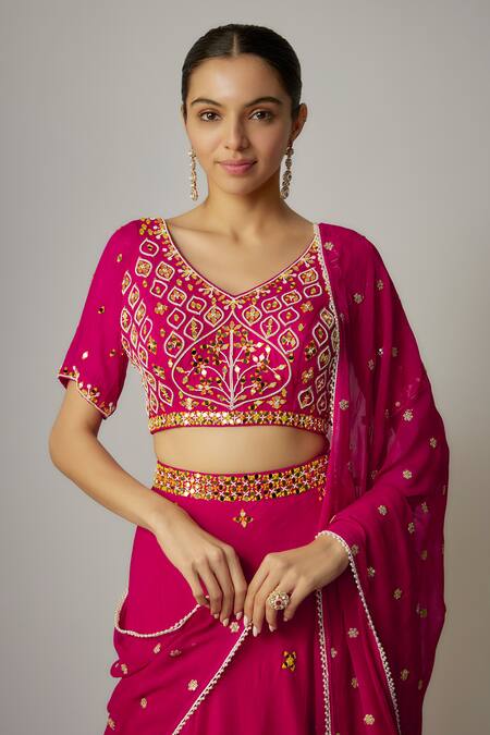 Vana Ethnics_Pink Georgette Embroidery, Mirrors V-neck Detailed Blouse Lehenga Set _Online_at_Aza_Fashions