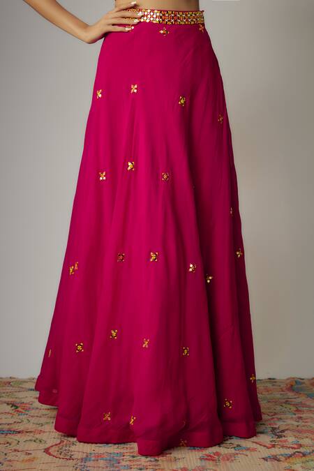 Buy_Vana Ethnics_Pink Georgette Embroidery, Mirrors V-neck Detailed Blouse Lehenga Set _Online_at_Aza_Fashions