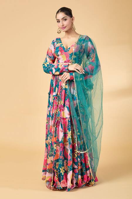 Vana Ethnics Blue Georgette Embroidery, Sequins V-neck Floral Print Lehenga Set at Aza Fashions Vana Ethnics_Blue Georgette Embroidery, Sequins V-neck Floral Print Lehenga Set _at_Aza_Fashions