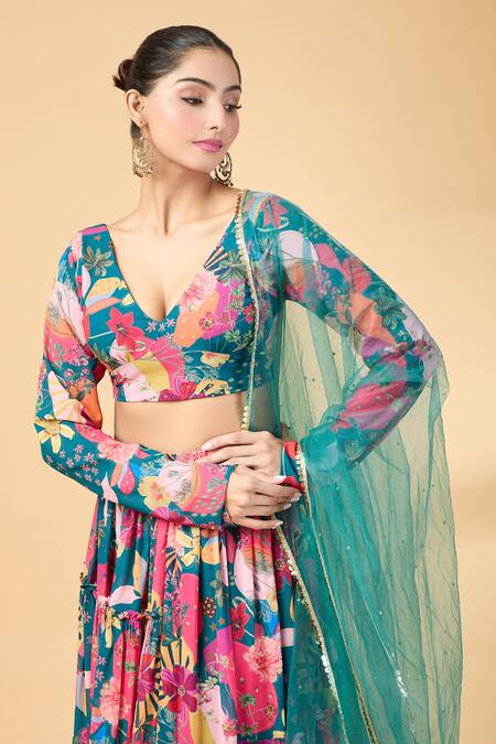 Buy Vana Ethnics Blue Georgette Embroidery, Sequins V-neck Floral Print Lehenga Set Buy_Vana Ethnics_Blue Georgette Embroidery, Sequins V-neck Floral Print Lehenga Set