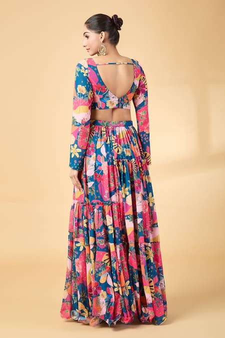 Shop Vana Ethnics Blue Georgette Embroidery, Sequins V-neck Floral Print Lehenga Blouse Set at Aza Fashions Shop_Vana Ethnics_Blue Georgette Embroidery, Sequins V-neck Floral Print Lehenga Blouse Set _at_Aza_Fashions