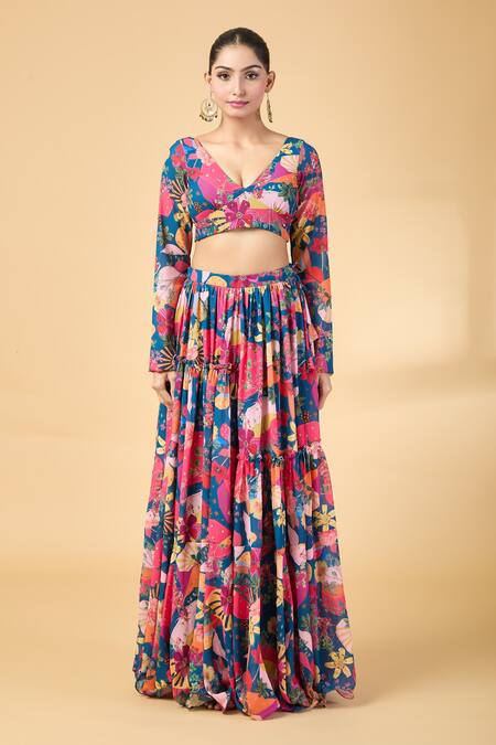 Vana Ethnics Blue Georgette Embroidery, Sequins V-neck Floral Print Lehenga Blouse Set Online at Aza Fashions Vana Ethnics_Blue Georgette Embroidery, Sequins V-neck Floral Print Lehenga Blouse Set _Online_at_Aza_Fashions