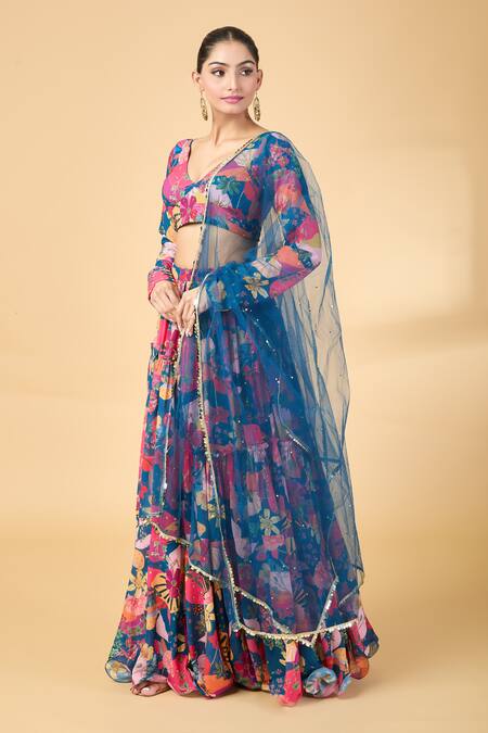 Buy Vana Ethnics Blue Georgette Embroidery, Sequins V-neck Floral Print Lehenga Blouse Set Online at Aza Fashions Buy_Vana Ethnics_Blue Georgette Embroidery, Sequins V-neck Floral Print Lehenga Blouse Set _Online_at_Aza_Fashions
