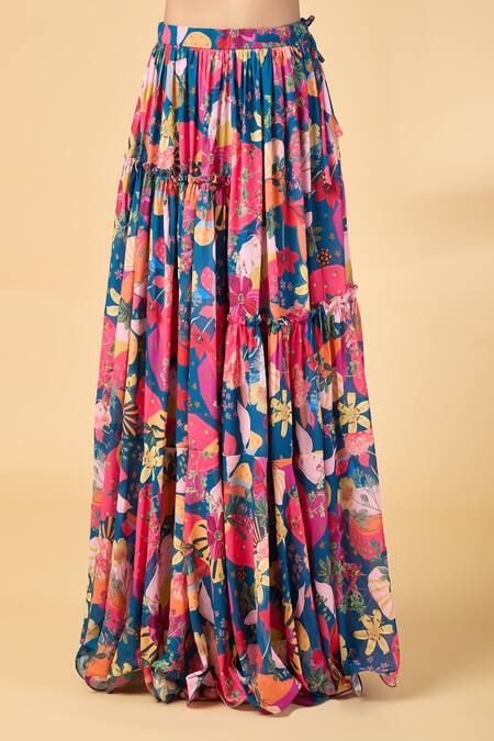 Shop Vana Ethnics Blue Georgette Embroidery, Sequins V-neck Floral Print Lehenga Blouse Set Online at Aza Fashions Shop_Vana Ethnics_Blue Georgette Embroidery, Sequins V-neck Floral Print Lehenga Blouse Set _Online_at_Aza_Fashions