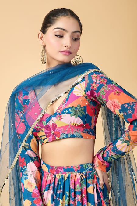Vana Ethnics Blue Georgette Embroidery, Sequins V-neck Floral Print Lehenga Blouse Set at Aza Fashions Vana Ethnics_Blue Georgette Embroidery, Sequins V-neck Floral Print Lehenga Blouse Set _at_Aza_Fashions