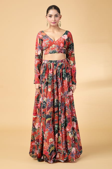 Vana Ethnics_Orange Georgette Sequins, Embroidery V-neck Printed Lehenga Set _Online_at_Aza_Fashions
