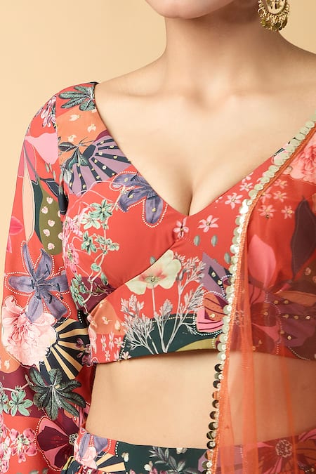 Buy_Vana Ethnics_Orange Georgette Sequins, Embroidery V-neck Printed Lehenga Set _Online_at_Aza_Fashions