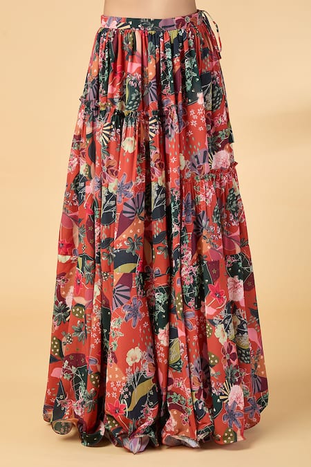 Shop_Vana Ethnics_Orange Georgette Sequins, Embroidery V-neck Printed Lehenga Set _Online_at_Aza_Fashions