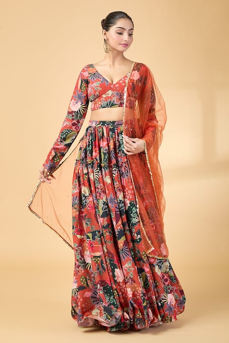 Vana Ethnics_Orange Georgette Sequins, Embroidery V-neck Printed Lehenga Set _at_Aza_Fashions
