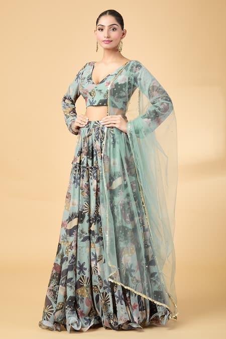 Vana Ethnics Grey Georgette Printed Lehenga Blouse Set 