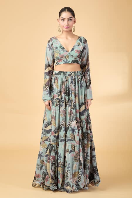 Vana Ethnics Grey Georgette Sequins, Embroidery V-neck Printed Lehenga Blouse Set Online at Aza Fashions Vana Ethnics_Grey Georgette Sequins, Embroidery V-neck Printed Lehenga Blouse Set _Online_at_Aza_Fashions