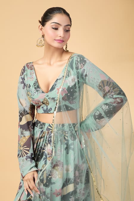 Buy Vana Ethnics Grey Georgette Sequins, Embroidery V-neck Printed Lehenga Blouse Set Online at Aza Fashions Buy_Vana Ethnics_Grey Georgette Sequins, Embroidery V-neck Printed Lehenga Blouse Set _Online_at_Aza_Fashions