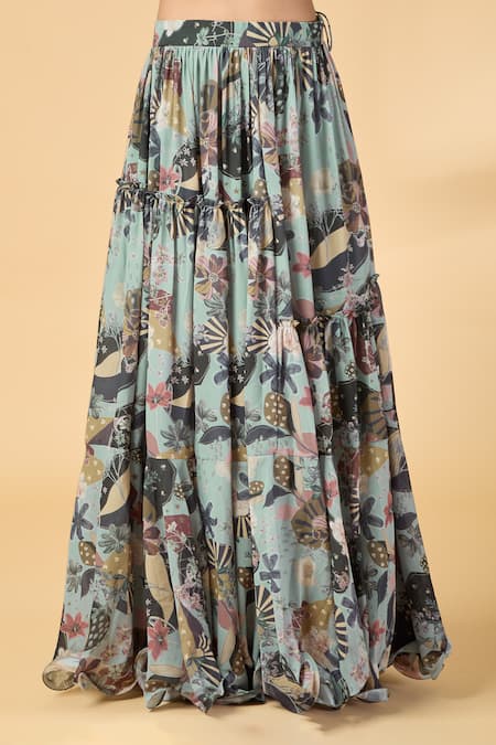 Vana Ethnics Grey Georgette Sequins, Embroidery V-neck Printed Lehenga Blouse Set at Aza Fashions Vana Ethnics_Grey Georgette Sequins, Embroidery V-neck Printed Lehenga Blouse Set _at_Aza_Fashions