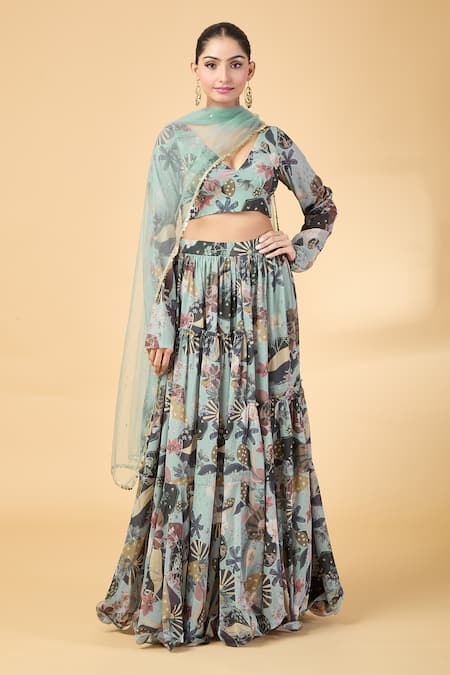 Buy Vana Ethnics Grey Georgette Sequins, Embroidery V-neck Printed Lehenga Blouse Set Buy_Vana Ethnics_Grey Georgette Sequins, Embroidery V-neck Printed Lehenga Blouse Set