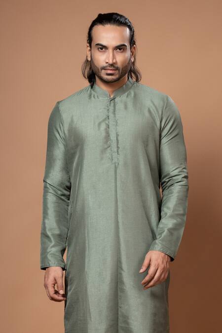Buy_Priyanka Haralalka_Green Silk, Cotton Kurta With Pyjama _Online_at_Aza_Fashions