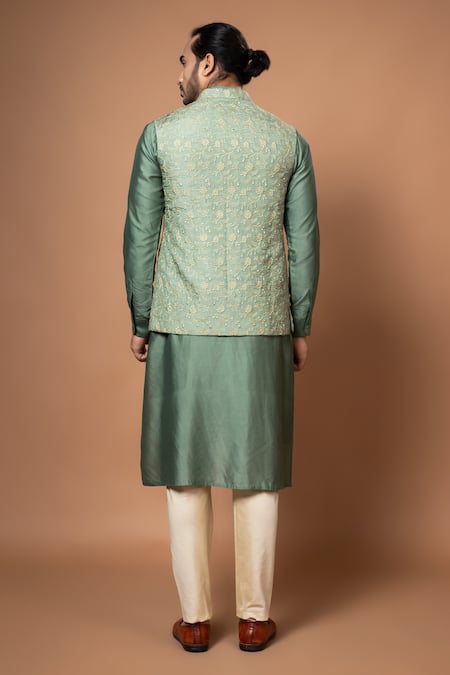 Priyanka Haralalka Floral Embroidered Olive Green Bundi 