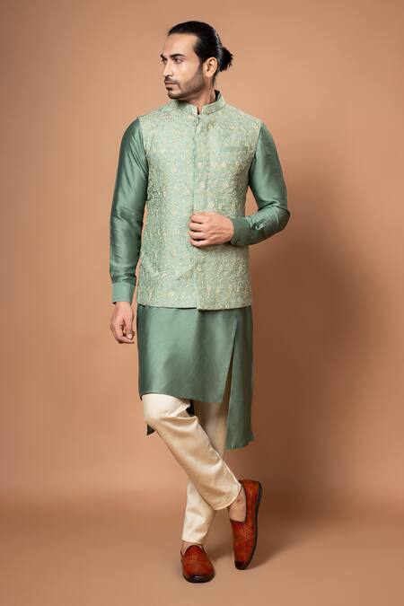 Priyanka Haralalka_Green Silk, Cotton Embroidery Floral Olive Bundi _Online_at_Aza_Fashions