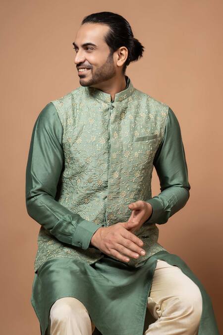 Buy_Priyanka Haralalka_Green Silk, Cotton Embroidery Floral Olive Bundi _Online_at_Aza_Fashions