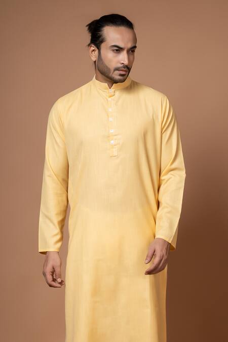 Buy_Priyanka Haralalka_Yellow Cotton, Silk Plain Kurta With Pyjama _Online_at_Aza_Fashions