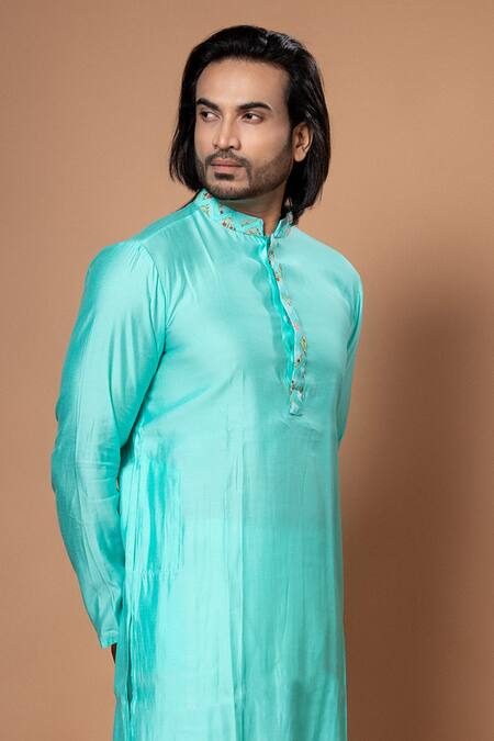 Priyanka Haralalka_Blue Cotton, Silk Applique Kurta With Pyjama _Online_at_Aza_Fashions