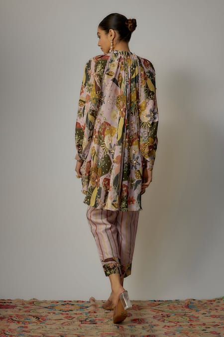 Shop Vana Ethnics Purple Georgette Embroidery, Lace Mandarin Collar Floral Print Shirt With Pant at Aza Fashions Shop_Vana Ethnics_Purple Georgette Embroidery, Lace Mandarin Collar Floral Print Shirt With Pant _at_Aza_Fashions