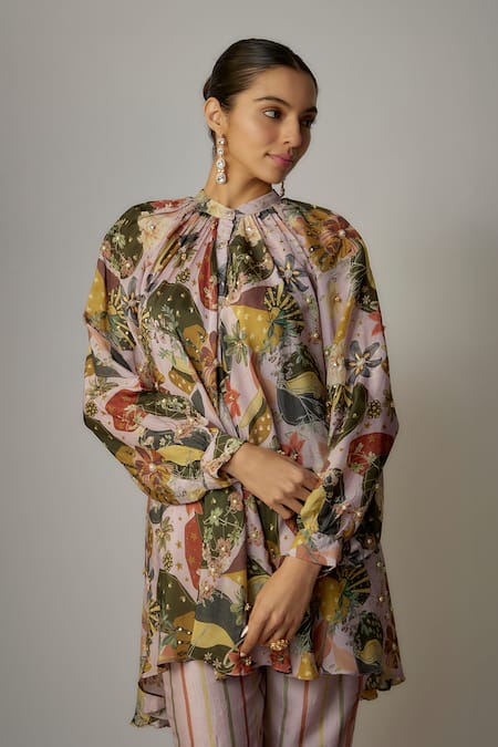 Buy Vana Ethnics Purple Georgette Embroidery, Lace Mandarin Collar Floral Print Shirt With Pant Online at Aza Fashions Buy_Vana Ethnics_Purple Georgette Embroidery, Lace Mandarin Collar Floral Print Shirt With Pant _Online_at_Aza_Fashions