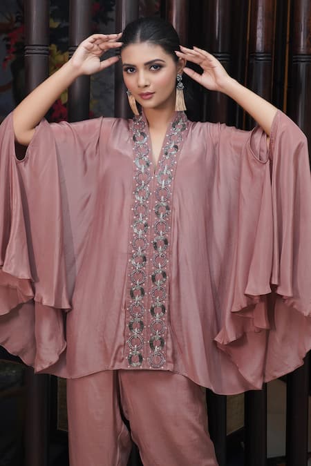 Myra Clothing Line_Brown Crepe Beads V-neck Circular Embellished Tunic With Pant _Online_at_Aza_Fashions