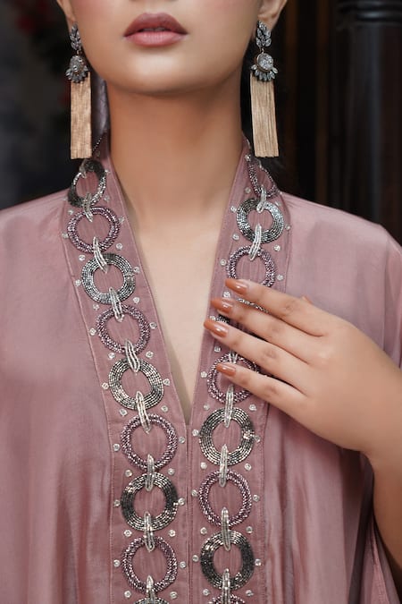 Buy_Myra Clothing Line_Brown Crepe Beads V-neck Circular Embellished Tunic With Pant _Online_at_Aza_Fashions