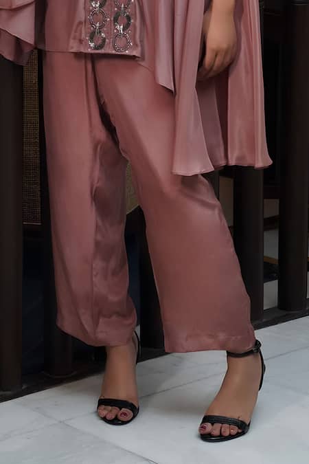 Myra Clothing Line_Brown Crepe Beads V-neck Circular Embellished Tunic With Pant _at_Aza_Fashions