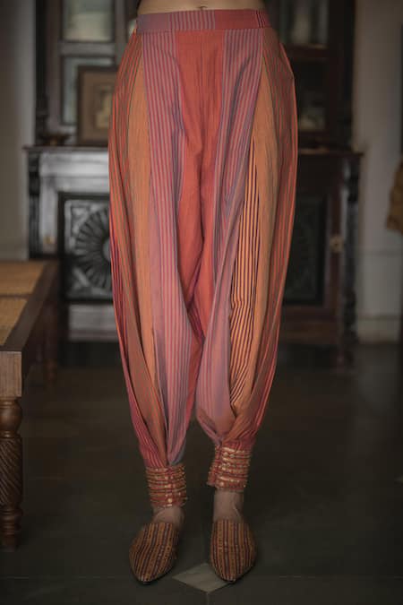 Shop_Swatti Kapoor_Orange , Handloom Beads, Gota Patti Hand Woven Stripped Jat Pant _at_Aza_Fashions