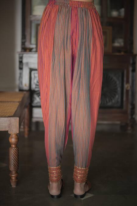 Buy_Swatti Kapoor_Orange , Handloom Beads, Gota Patti Hand Woven Stripped Jat Pant _Online_at_Aza_Fashions