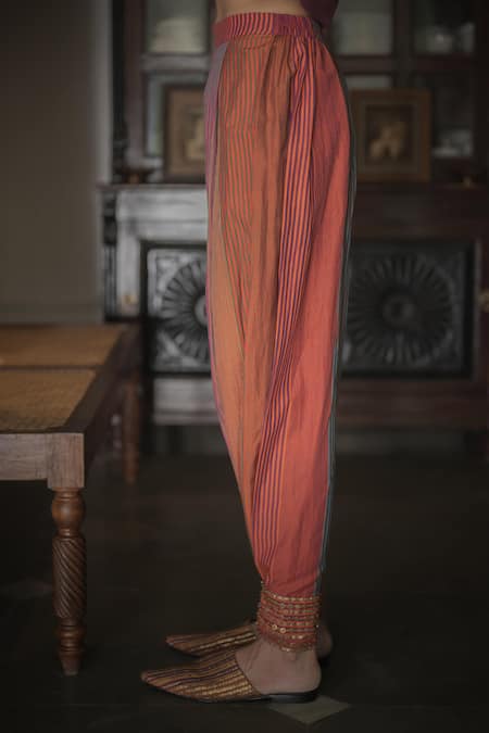Shop_Swatti Kapoor_Orange , Handloom Beads, Gota Patti Hand Woven Stripped Jat Pant _Online_at_Aza_Fashions