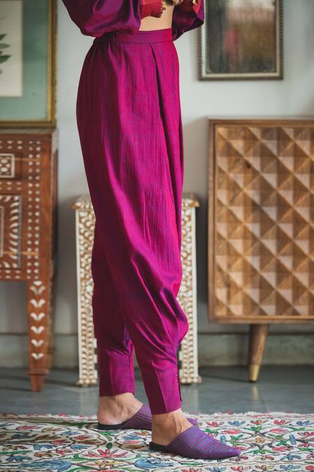 Buy_Swatti Kapoor_Pink Hand Woven Silk Solid Kalai Pant _Online_at_Aza_Fashions