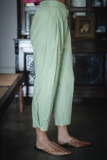Swatti Kapoor Green Cotton Sequins, Foil Printing Hand Block Keerat Pant Online at Aza Fashions Swatti Kapoor_Green Cotton Sequins, Foil Printing Hand Block Keerat Pant _Online_at_Aza_Fashions