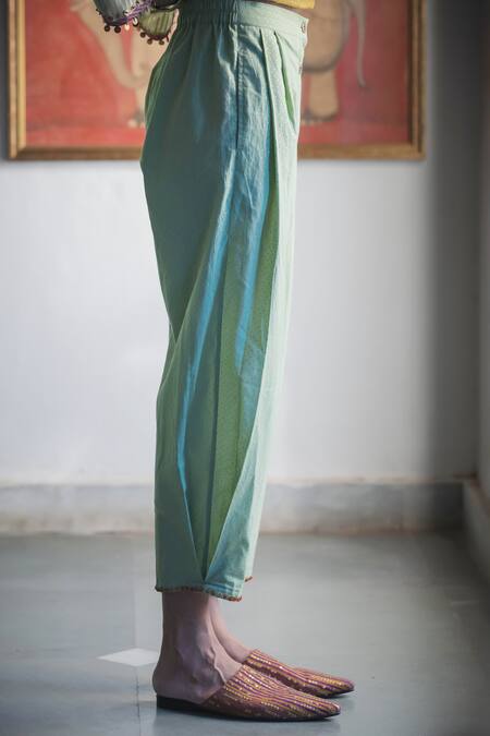 Shop Swatti Kapoor Green Cotton Sequins, Foil Printing Hand Block Keerat Pant Online at Aza Fashions Shop_Swatti Kapoor_Green Cotton Sequins, Foil Printing Hand Block Keerat Pant _Online_at_Aza_Fashions