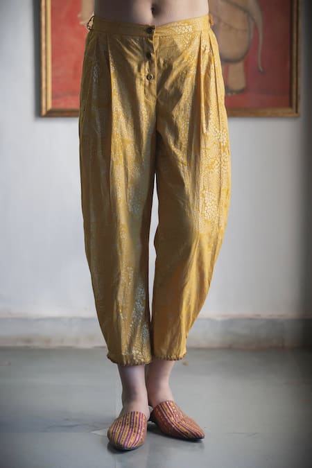 Shop Swatti Kapoor Yellow Cotton Sequins, Foil Printing Hand Block Leen Pant at Aza Fashions Shop_Swatti Kapoor_Yellow Cotton Sequins, Foil Printing Hand Block Leen Pant _at_Aza_Fashions