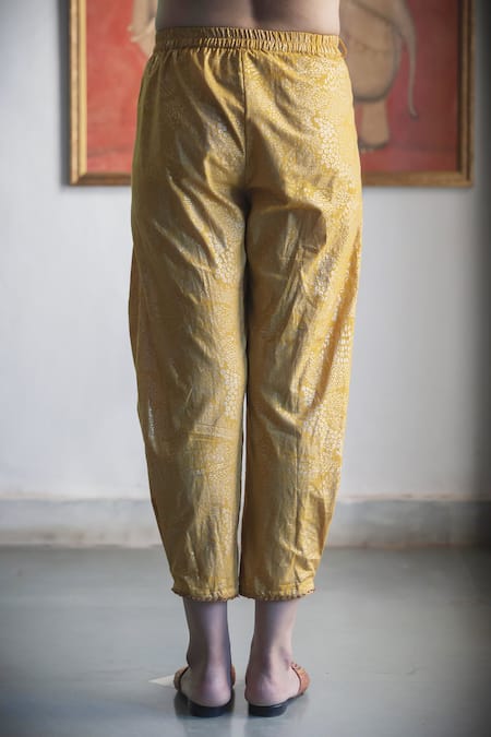 Swatti Kapoor Yellow Cotton Sequins, Foil Printing Hand Block Leen Pant at Aza Fashions Swatti Kapoor_Yellow Cotton Sequins, Foil Printing Hand Block Leen Pant _at_Aza_Fashions