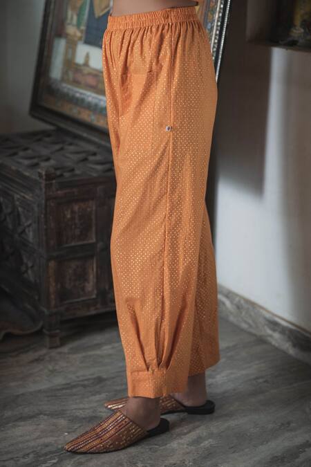 Swatti Kapoor_Orange 100% Cotton Foil Printed Ajuni Handwoven Zari Striped Pant _Online_at_Aza_Fashions