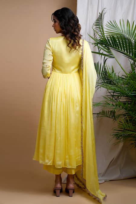 Shop Ahi Clothing Yellow Chiffon Metallic Thread, Embroidery, Mirrors Hand Anarkali Palazzo Set at Aza Fashions Shop_Ahi Clothing_Yellow Chiffon Metallic Thread, Embroidery, Mirrors Hand Anarkali Palazzo Set _at_Aza_Fashions