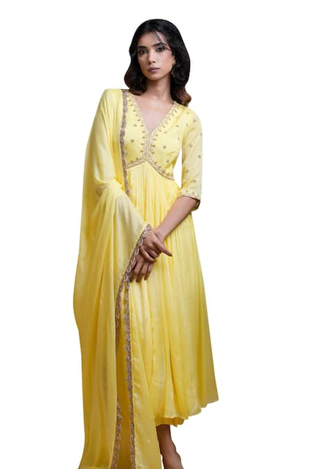 Ahi Clothing Yellow Chiffon Metallic Thread, Embroidery, Mirrors Hand Anarkali Palazzo Set Online at Aza Fashions Ahi Clothing_Yellow Chiffon Metallic Thread, Embroidery, Mirrors Hand Anarkali Palazzo Set _Online_at_Aza_Fashions